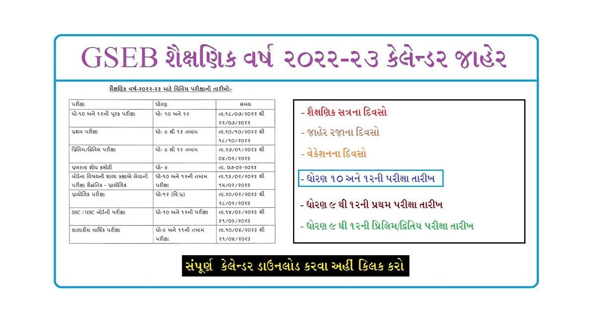 ગુજરાત બોર્ડનું 2022-23 કેલેન્ડર જાહેર