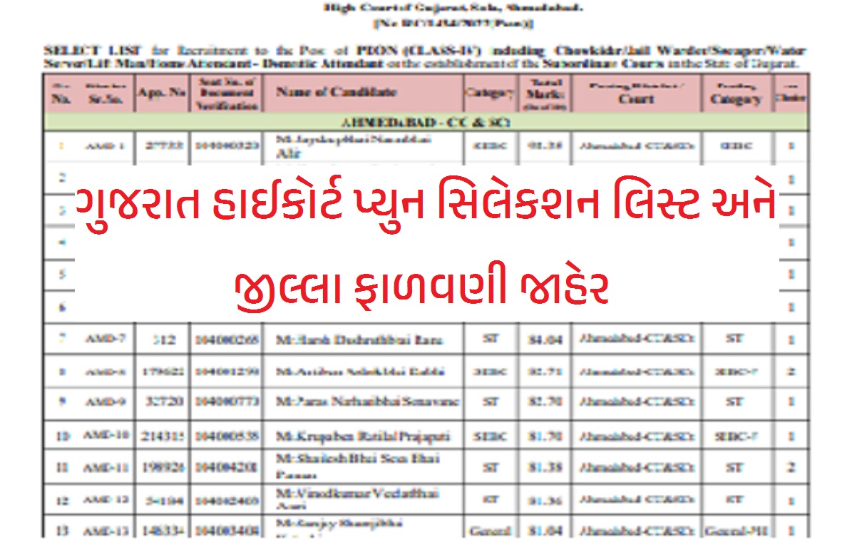 Gujarat High Court PEON Selection List